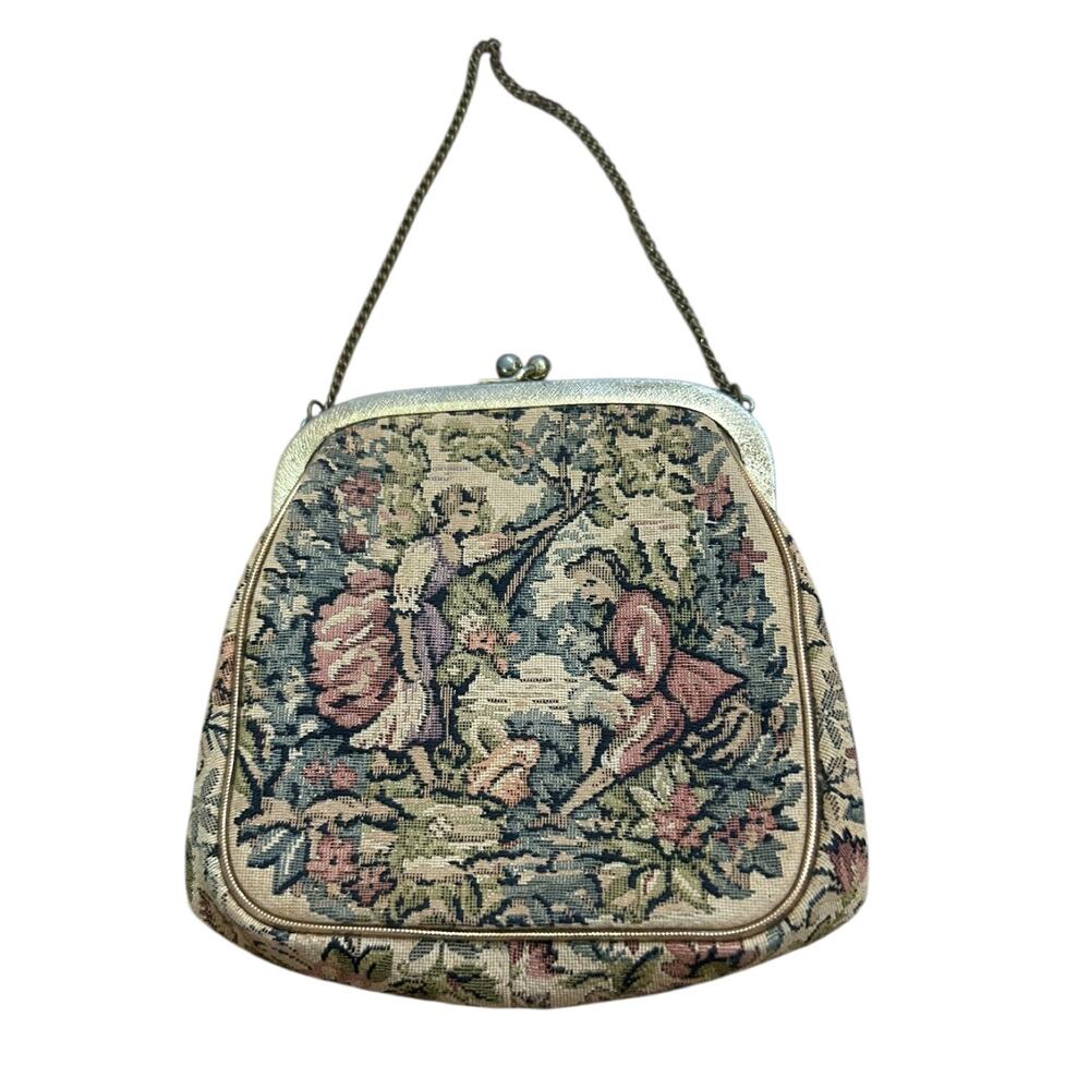Vintage Tapestry Purse Metal Frame Chain Handle Romantic Scene Handbag -